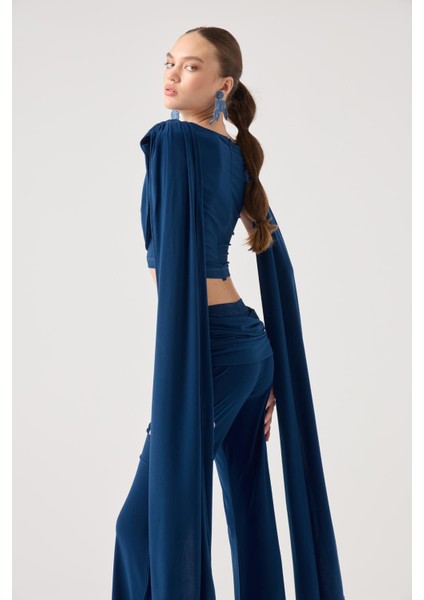 Şal Detaylı Bluz ve Ispanyol Pantolonlu Finley Takım Mavi fırsatları