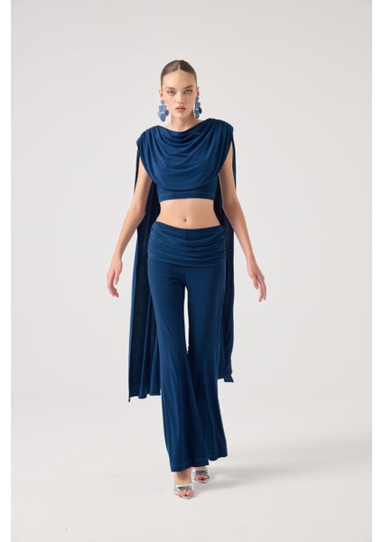 Şal Detaylı Bluz ve Ispanyol Pantolonlu Finley Takım Mavi indirimleri