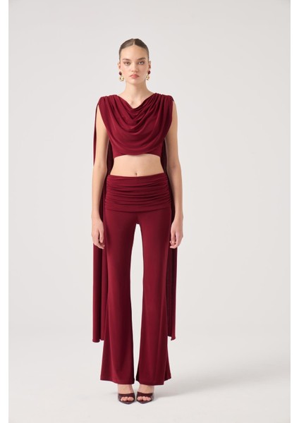 Şal Detaylı Bluz ve Ispanyol Pantolonlu Finley Takım Bordo
