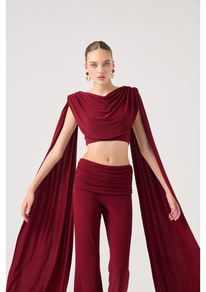 Şal Detaylı Bluz ve Ispanyol Pantolonlu Finley Takım Bordo fiyatları