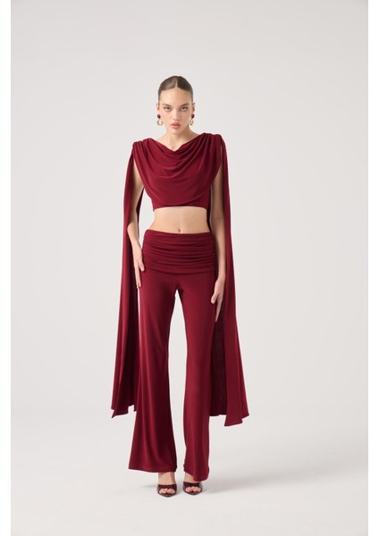 Şal Detaylı Bluz ve Ispanyol Pantolonlu Finley Takım Bordo modelleri