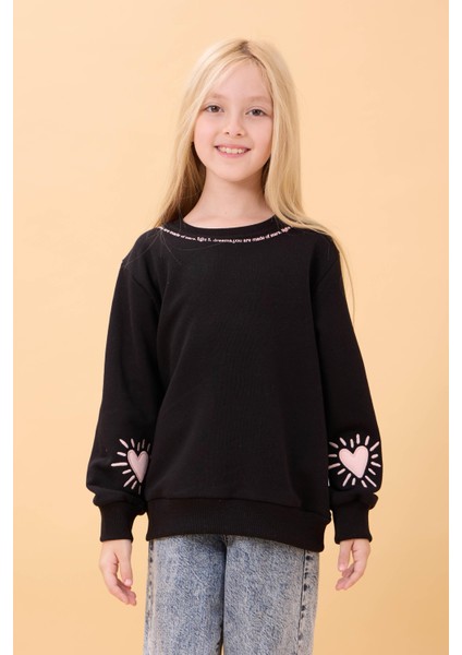 Kız Çocuk Baskılı Bisiklet Yaka Mevsimlik Sweatshirt Siyah