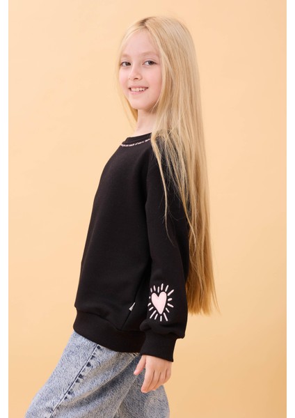 Kız Çocuk Baskılı Bisiklet Yaka Mevsimlik Sweatshirt Siyah fırsatları