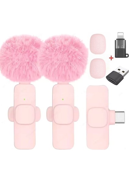 Kablosuz Tüylü Pembe Yaka Mikrofonu Type-C ve Apple Girişli 2’li Set Bluetooth 5.0
