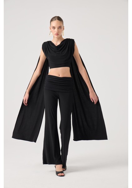 Şal Detaylı Bluz ve Ispanyol Pantolonlu Finley Takım Siyah modelleri