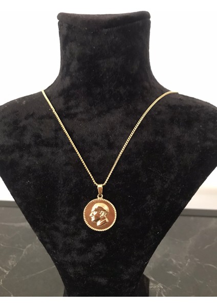 PASLANMAZ ÇELİK KUYUMCU MODEL KABARTMALI ATATÜRK KOLYESİ GOLD PARLAK KARARMAZ UZUN KOLYE