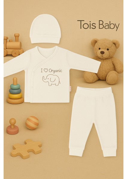 Organik Hastahane Çıkışı Bebek Takımı 0-3 Ay Ekru Renk