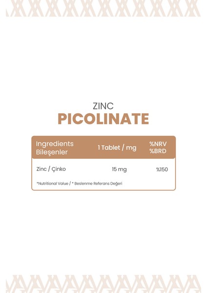 Zinc Picolinate – 120 Tablet | Çinko Takviyesi ile Bağışıklık, Cilt ve Enerji Desteği modelleri
