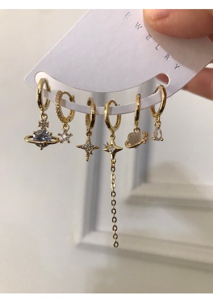 Gold Taşlı Doğal Taşlı Çoklu Kadın Küpe – Gezegensel Tasarımlı Şık Takı Modeli