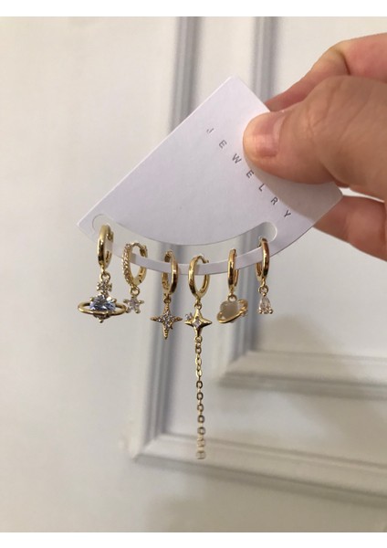 Gold Taşlı Doğal Taşlı Çoklu Kadın Küpe – Gezegensel Tasarımlı Şık Takı Modeli fiyatları