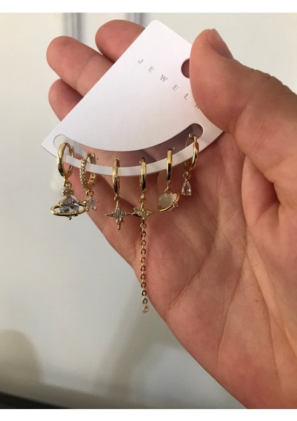 Gold Taşlı Doğal Taşlı Çoklu Kadın Küpe – Gezegensel Tasarımlı Şık Takı Modeli modelleri