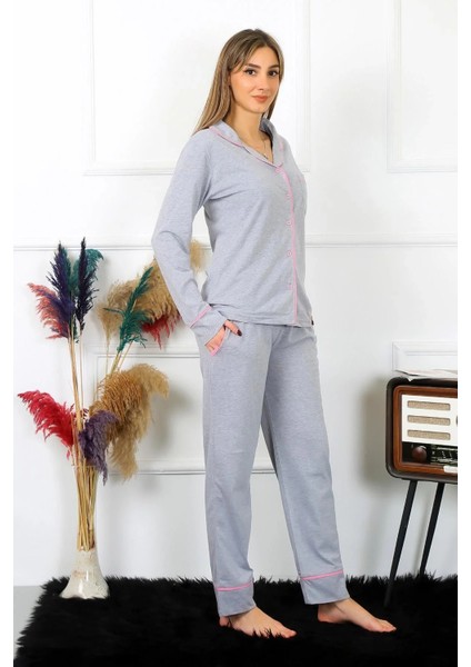 Kadın Pamuk Penye Önden Düğmeli Uzun Kol Gri Pijama Takım fiyatları