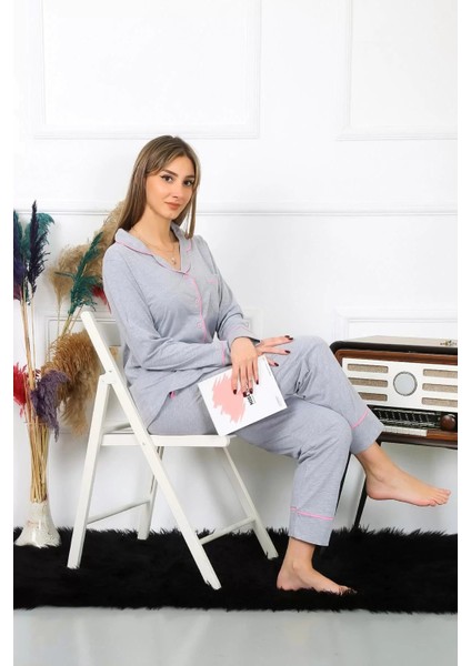 Kadın Pamuk Penye Önden Düğmeli Uzun Kol Gri Pijama Takım modelleri