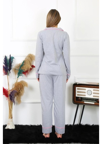 Kadın Pamuk Penye Önden Düğmeli Uzun Kol Gri Pijama Takım fırsatları