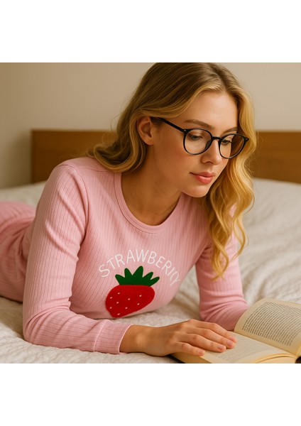 Uzun Kollu Pembe Pijama Takımı Strawberry