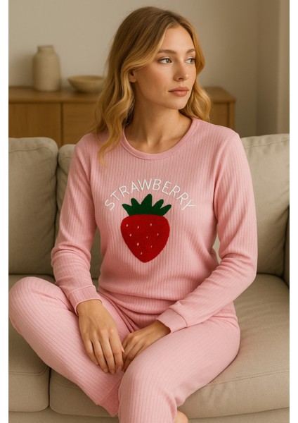 Uzun Kollu Pembe Pijama Takımı Strawberry indirimleri