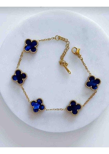 Gold Parlak Lacivert Hologram Yansımalı Çoklu Yonca Bileklik