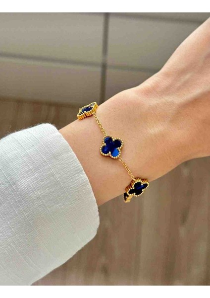 Gold Parlak Lacivert Hologram Yansımalı Çoklu Yonca Bileklik modelleri