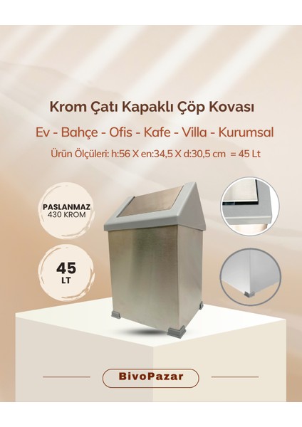 Krom Sallanır Çatı Kapaklı Çöp Kovası 45 Lt
