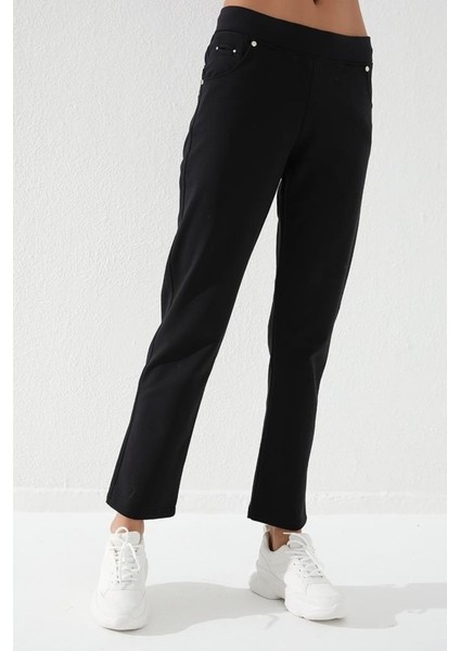 Tommylife Siyah Kadın Taş Detaylı Cepli Dar Kesim Klasik Paça Eşofman Altı