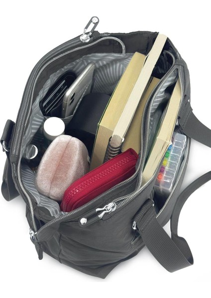 Suya Dayanıklı Klinkır Kumaş Çok Bölmeli Çapraz El ve Omuz Kadın Çanta Füme