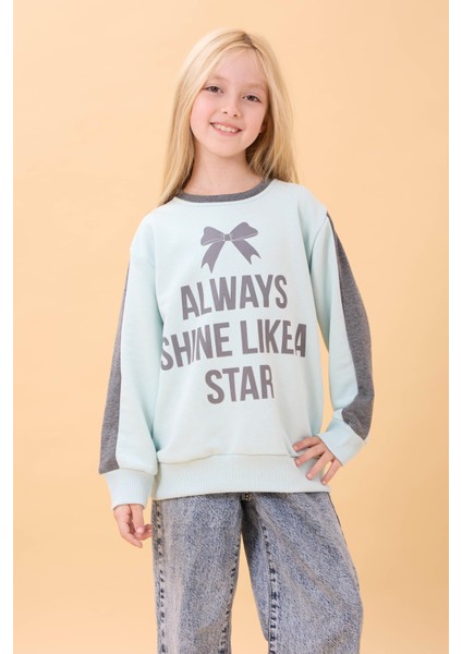 Kız Çocuk Baskılı Bisiklet Yaka Mevsimlik Sweatshirt Mint Yeşili