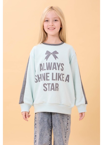 Kız Çocuk Baskılı Bisiklet Yaka Mevsimlik Sweatshirt Mint Yeşili fiyatları