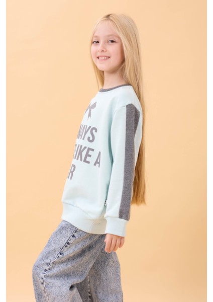 Kız Çocuk Baskılı Bisiklet Yaka Mevsimlik Sweatshirt Mint Yeşili modelleri