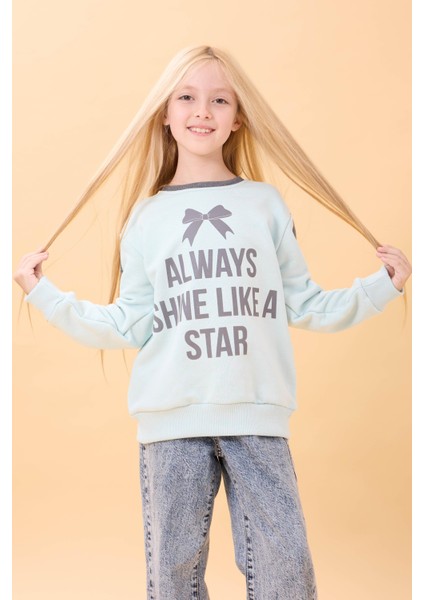 Kız Çocuk Baskılı Bisiklet Yaka Mevsimlik Sweatshirt Mint Yeşili fırsatları