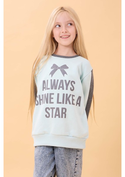 Kız Çocuk Baskılı Bisiklet Yaka Mevsimlik Sweatshirt Mint Yeşili indirimleri