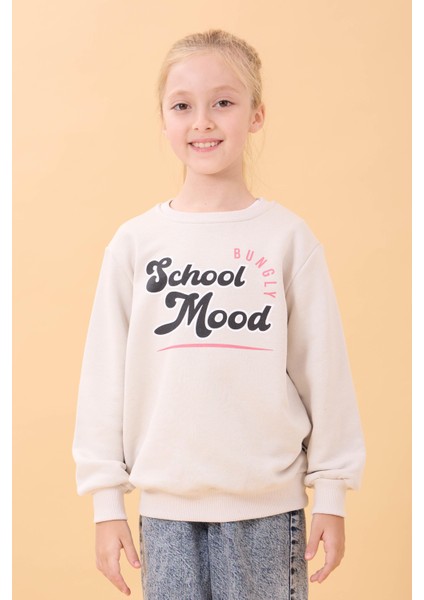Erkek ve Kız Çocuk Okul Baskılı Bisiklet Yaka Mevsimlik Sweatshirt Taş