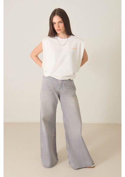 Gri Yüksek Bel Wide Leg Jean