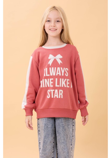 Kız Çocuk Baskılı Bisiklet Yaka Mevsimlik Sweatshirt Kiremit