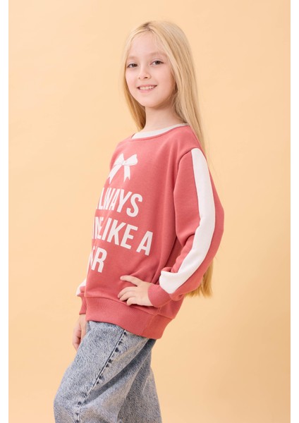 Kız Çocuk Baskılı Bisiklet Yaka Mevsimlik Sweatshirt Kiremit fiyatları