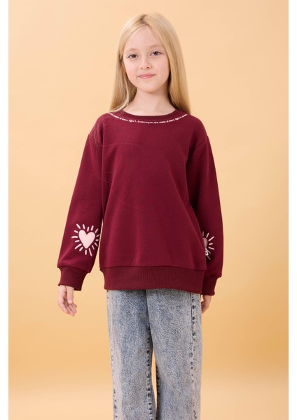 Kız Çocuk Baskılı Bisiklet Yaka Mevsimlik Sweatshirt Bordo