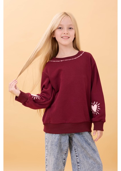 Kız Çocuk Baskılı Bisiklet Yaka Mevsimlik Sweatshirt Bordo fiyatları