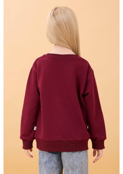 Kız Çocuk Baskılı Bisiklet Yaka Mevsimlik Sweatshirt Bordo indirimleri