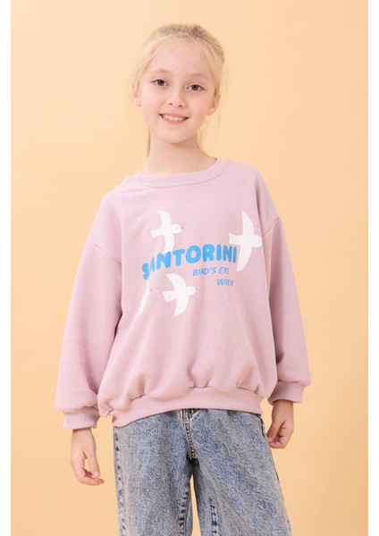 Kız Çocuk Oversize Santorini Baskılı Mevsimlik Sweatshirt Açık Gül Rengi