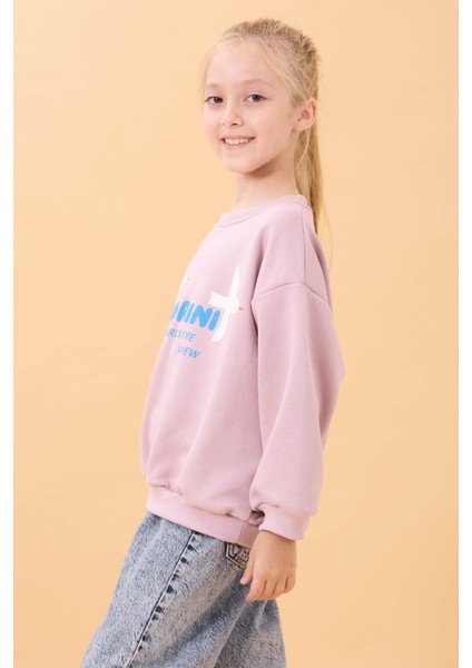 Kız Çocuk Oversize Santorini Baskılı Mevsimlik Sweatshirt Açık Gül Rengi modelleri