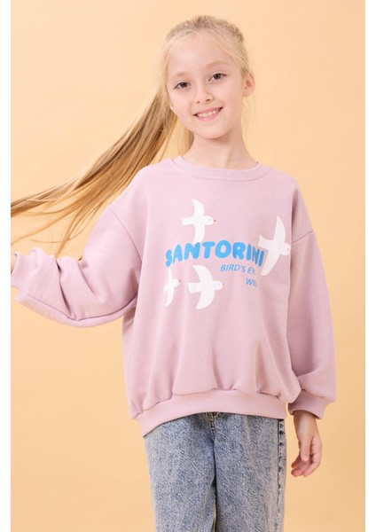 Kız Çocuk Oversize Santorini Baskılı Mevsimlik Sweatshirt Açık Gül Rengi indirimleri