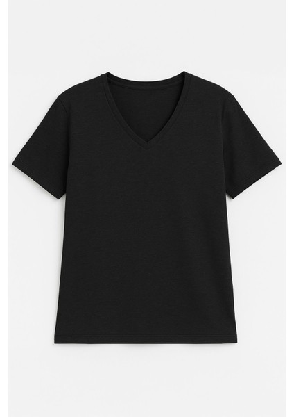 Kadın V Yaka Kısa Kollu Düz T-Shirt
