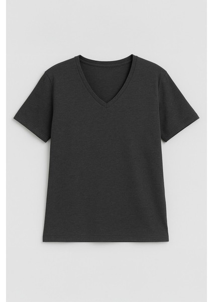 Kadın V Yaka Kısa Kollu Düz T-Shirt indirimleri