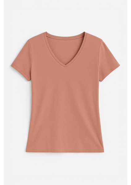 Kadın V Yaka Kısa Kollu Düz T-Shirt indirimleri