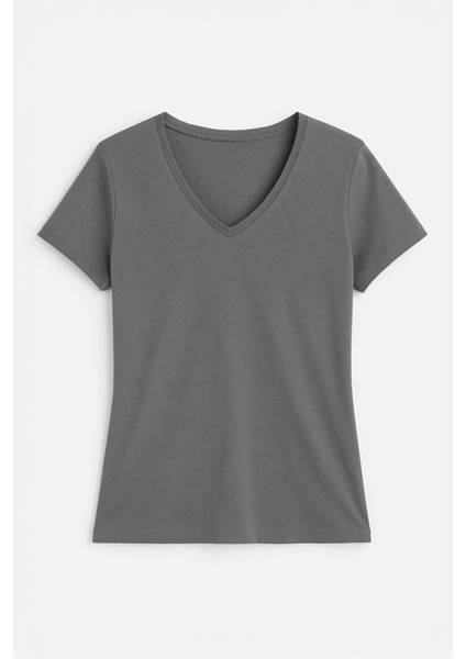 Kadın V Yaka Kısa Kollu Düz T-Shirt indirimleri