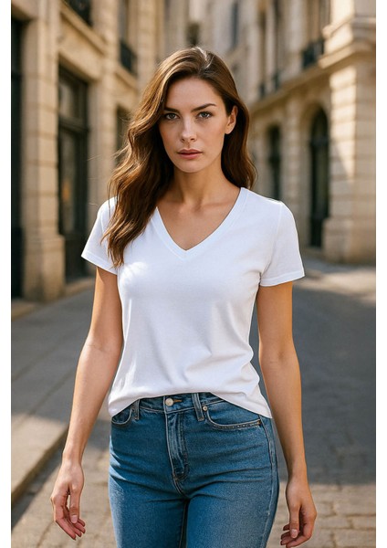 Kadın V Yaka Kısa Kollu Düz T-Shirt fırsatları