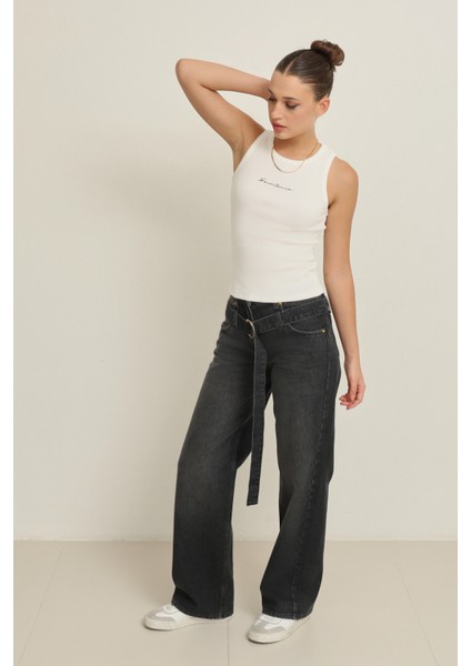 Antrasit Yüksek Bel Kemer Detaylı Wide Leg Jean