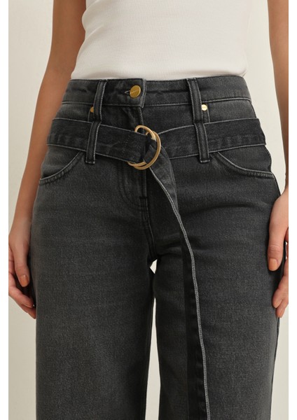 Antrasit Yüksek Bel Kemer Detaylı Wide Leg Jean fırsatları