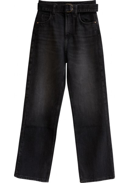 Antrasit Yüksek Bel Kemer Detaylı Wide Leg Jean
