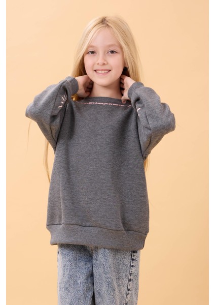 Kız Çocuk Baskılı Bisiklet Yaka Mevsimlik Sweatshirt Antrasit fiyatları