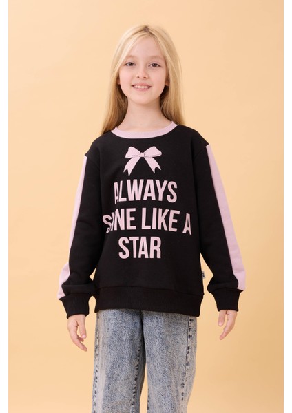 Kız Çocuk Baskılı Bisiklet Yaka Mevsimlik Sweatshirt Siyah